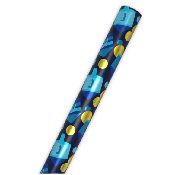 Hallmark Wrapping Paper Hanukkah Dreidels and Gelt Metallic Navy Blue 22.5 sq ft - Picture 4 of 6